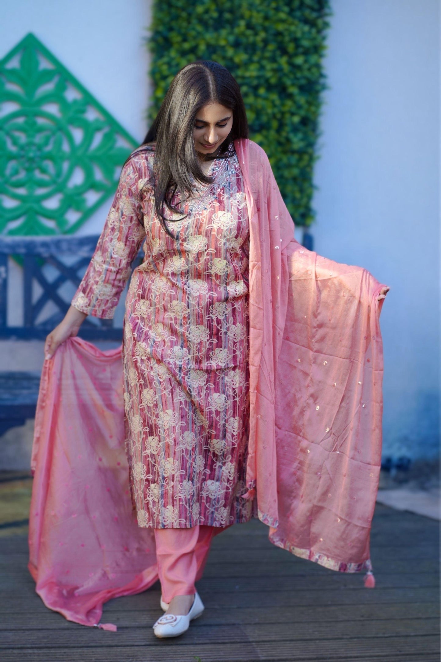 Roman Silk Kurti Set with Intricate Neckline Embroidery (KSH1019)