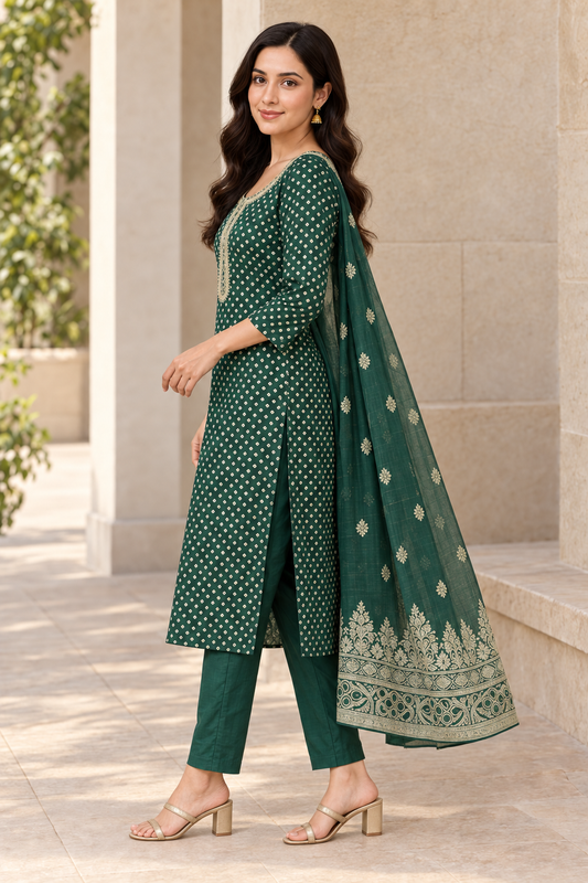 Bottle Green Printed Salwar Suit Set with Dupatta (KSH-1242)