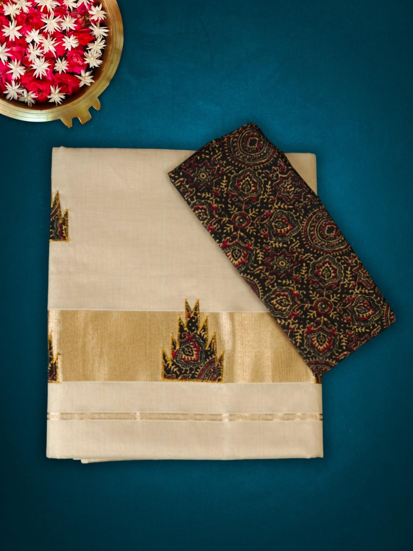 Traditional kasavu saree with ajrakh design(SAR-234)