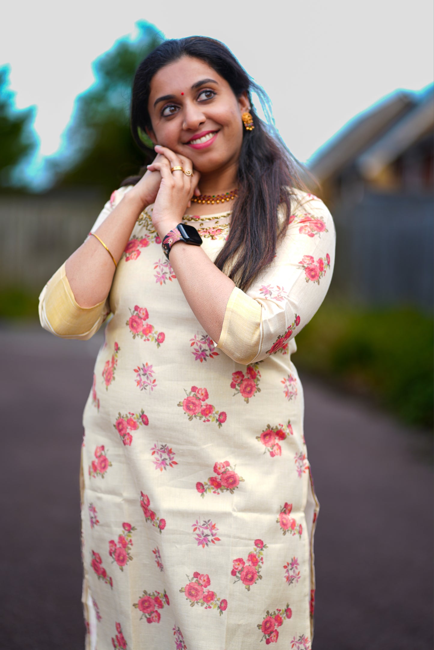 Golden kasavu with floral design top( KER1017)