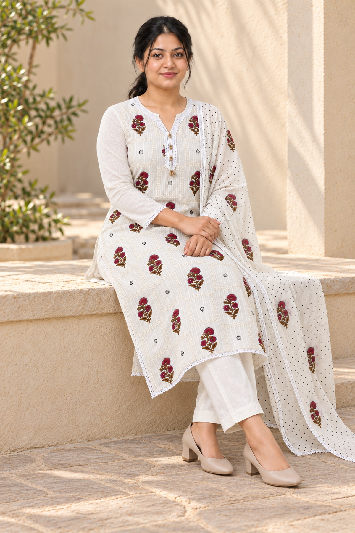 Ivory Floral Embroidered Kurta Set with Dupatta (KER-1248)