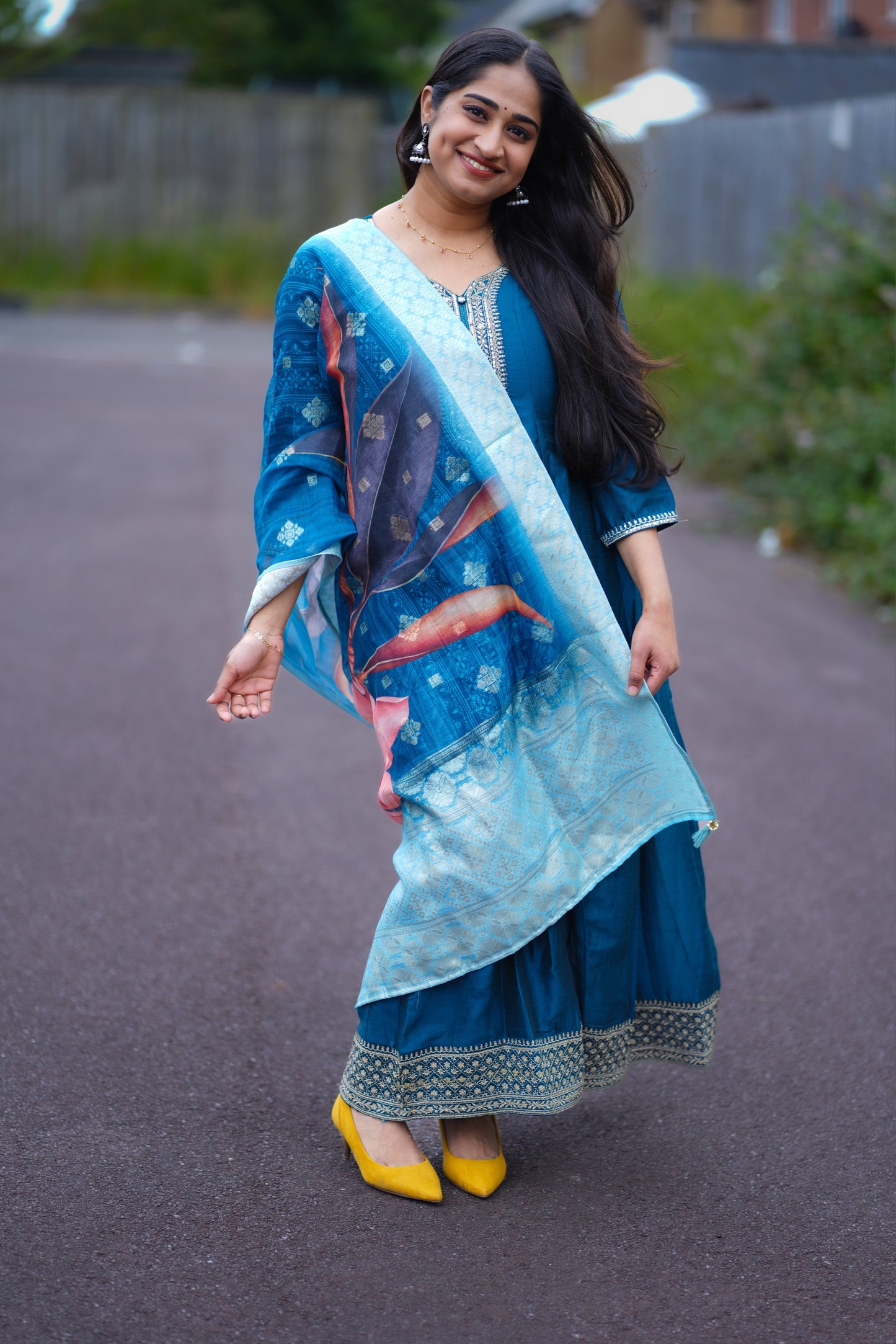 Anarkali style Kurti set in royal blue (KSH1004)