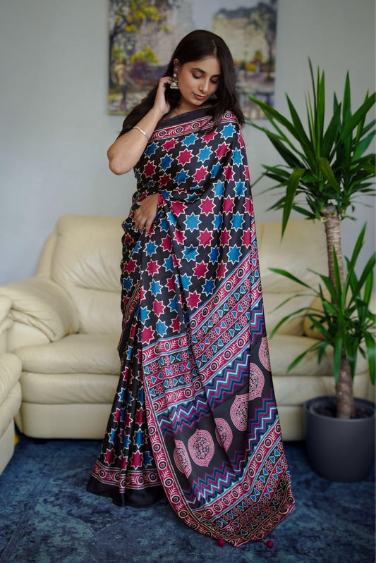 Elegant Modal Silk Saree with Geometric Print & Ethnic Border(SAR-1142)