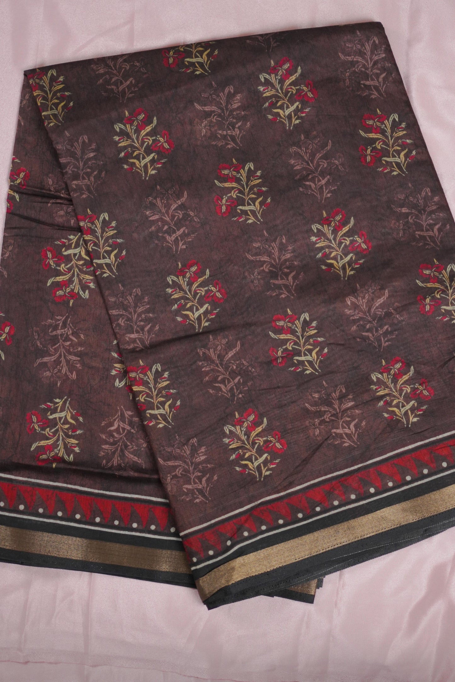Handcrafted Floral Printed Brown Cotton Silk Saree (SAR-1126)