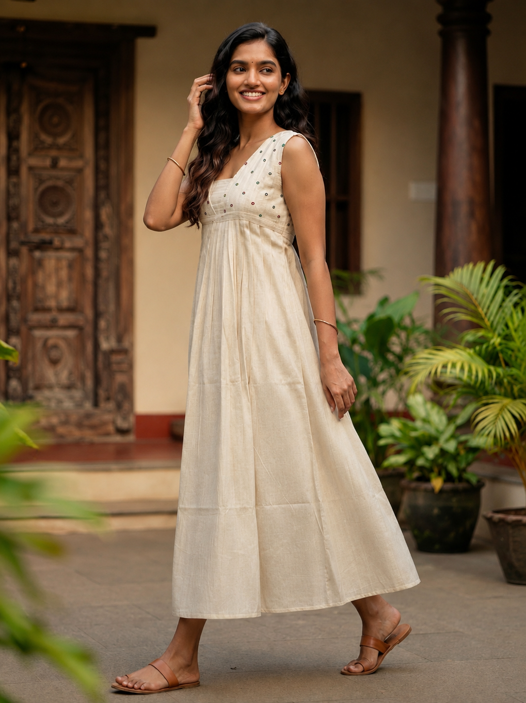 Premium Cotton Ivory Anarkali Dress | Onam Festive Wear (KER-1214)