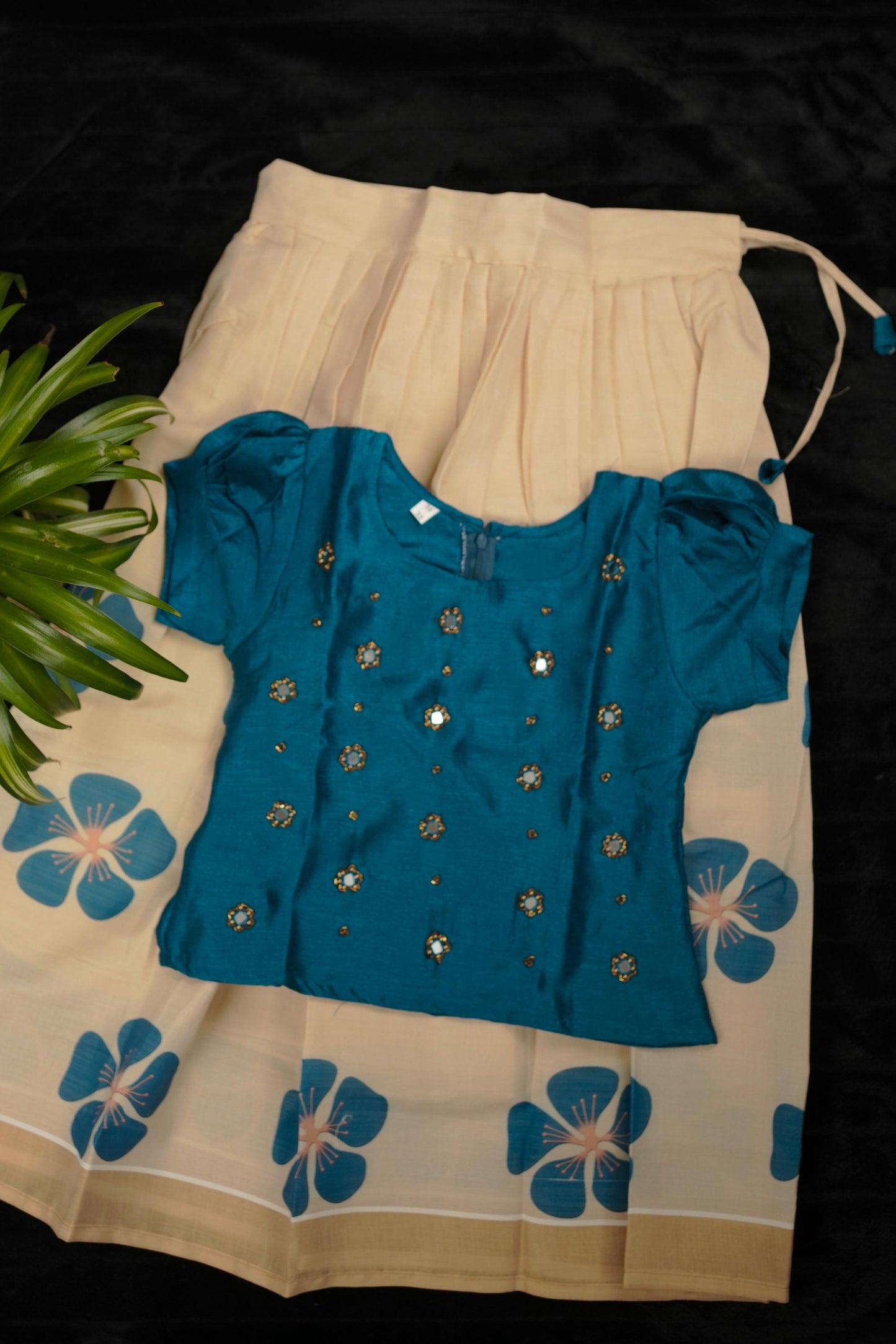 Girls Pavada Blouse set - Vichitra silk top & floral print skirt for festivals (KCW120)