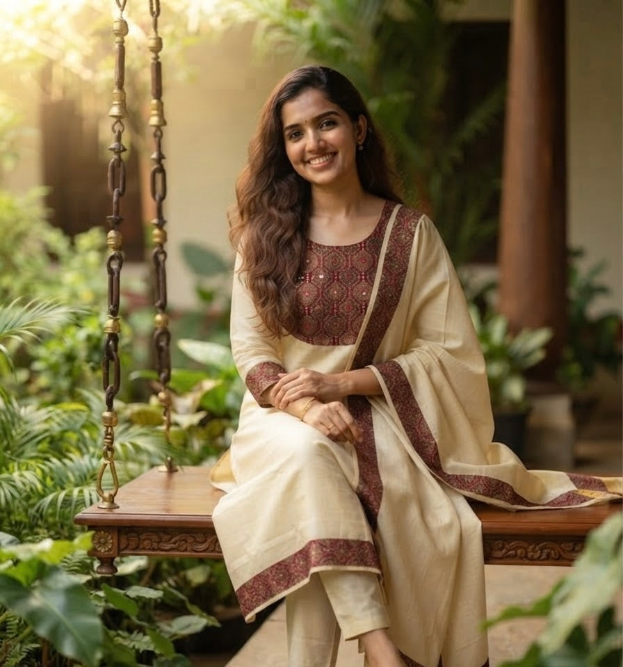 Kerala Tissue Salwar Suit with Ajrakh Border(KER-1212)