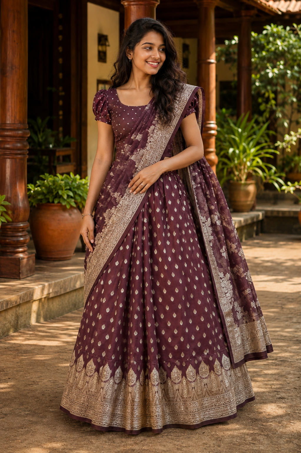 Wine Gold Woven Dhavani Set | Traditional Half Saree (KER-1243)