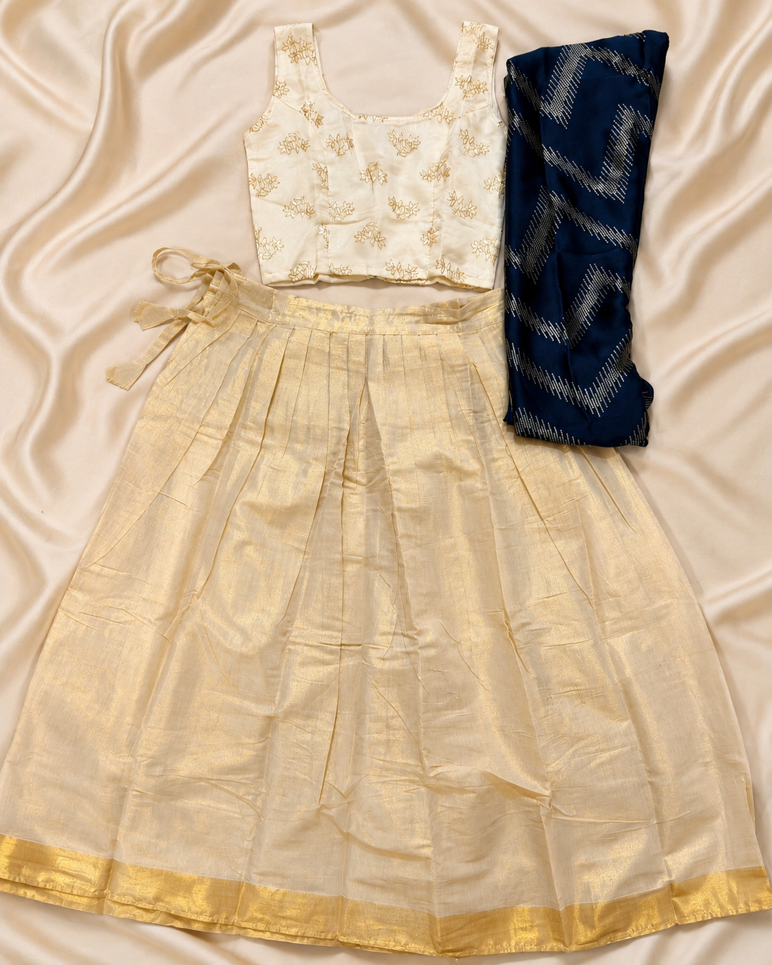 Women’s Kerala Half Saree Set | Cream Tissue Skirt, Blouse & Navy Dupatta (KER-1194)