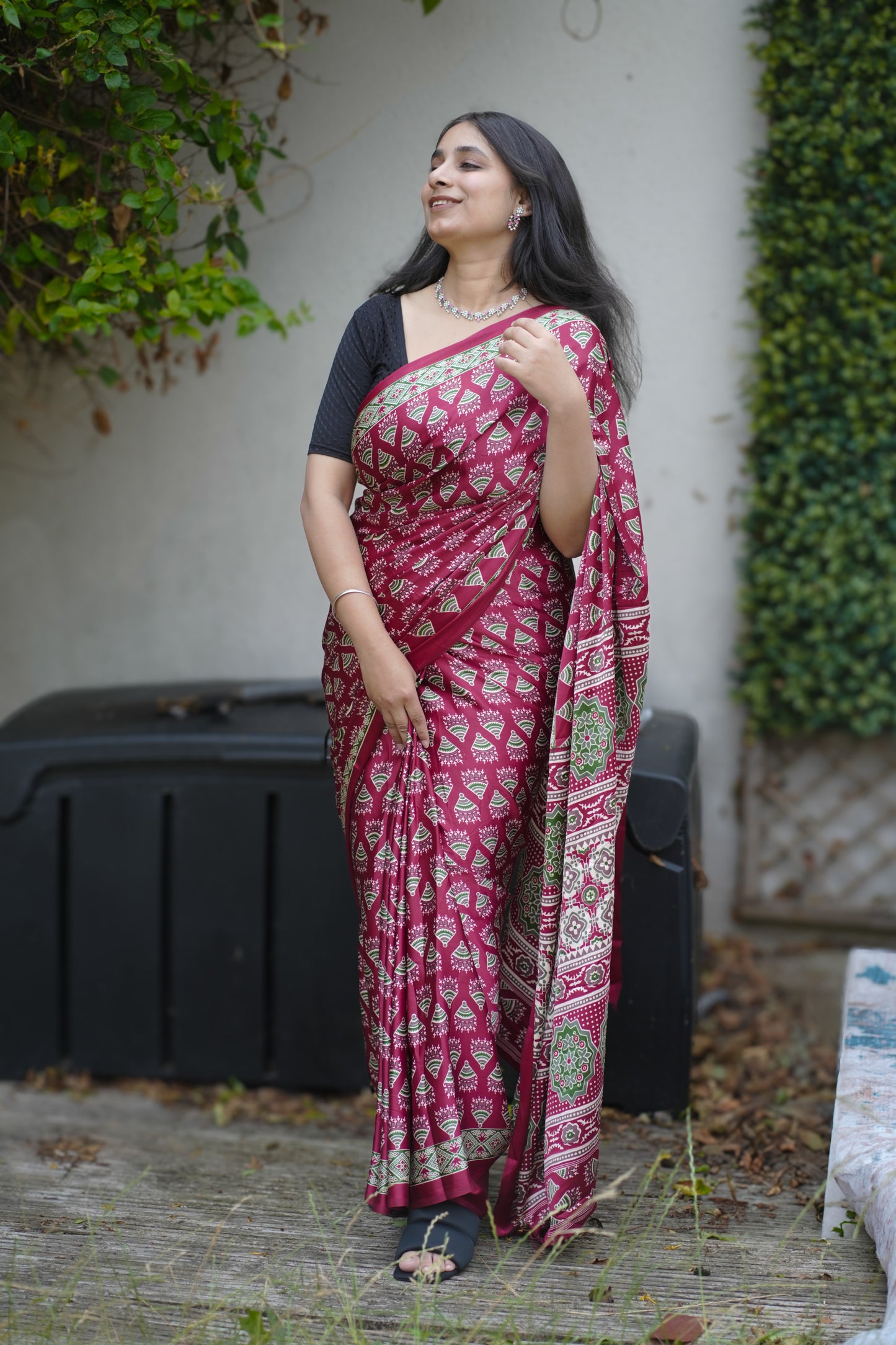 Maroon Handblock Printed Modal Silk Saree (SAR-1135)
