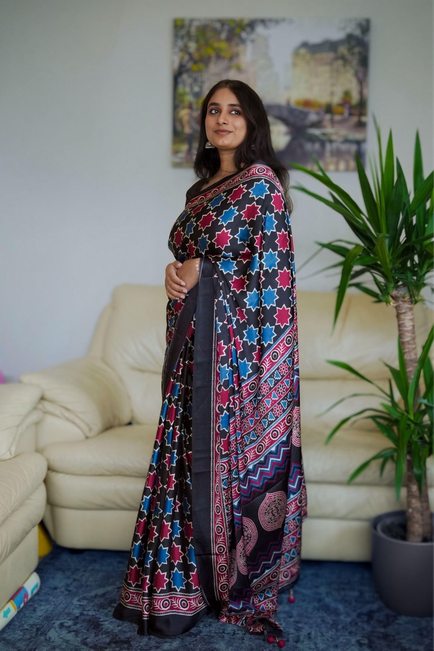 Elegant Modal Silk Saree with Geometric Print & Ethnic Border(SAR-1142)