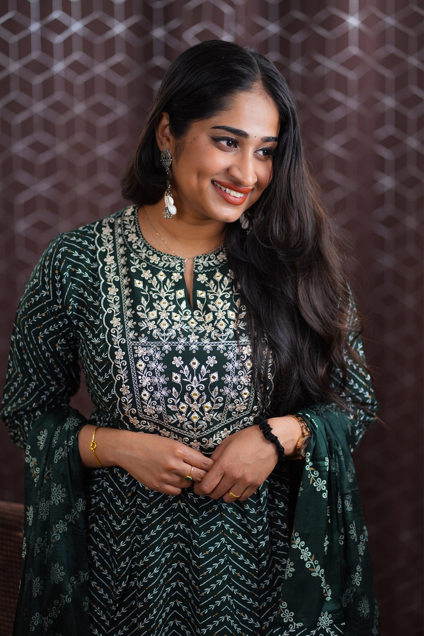 Anarkali Kurti in bottle green shade (KSH-1013)