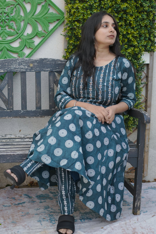 Indigo Blue shade Block Print Cotton Salwar Suit Set(KER-1130)