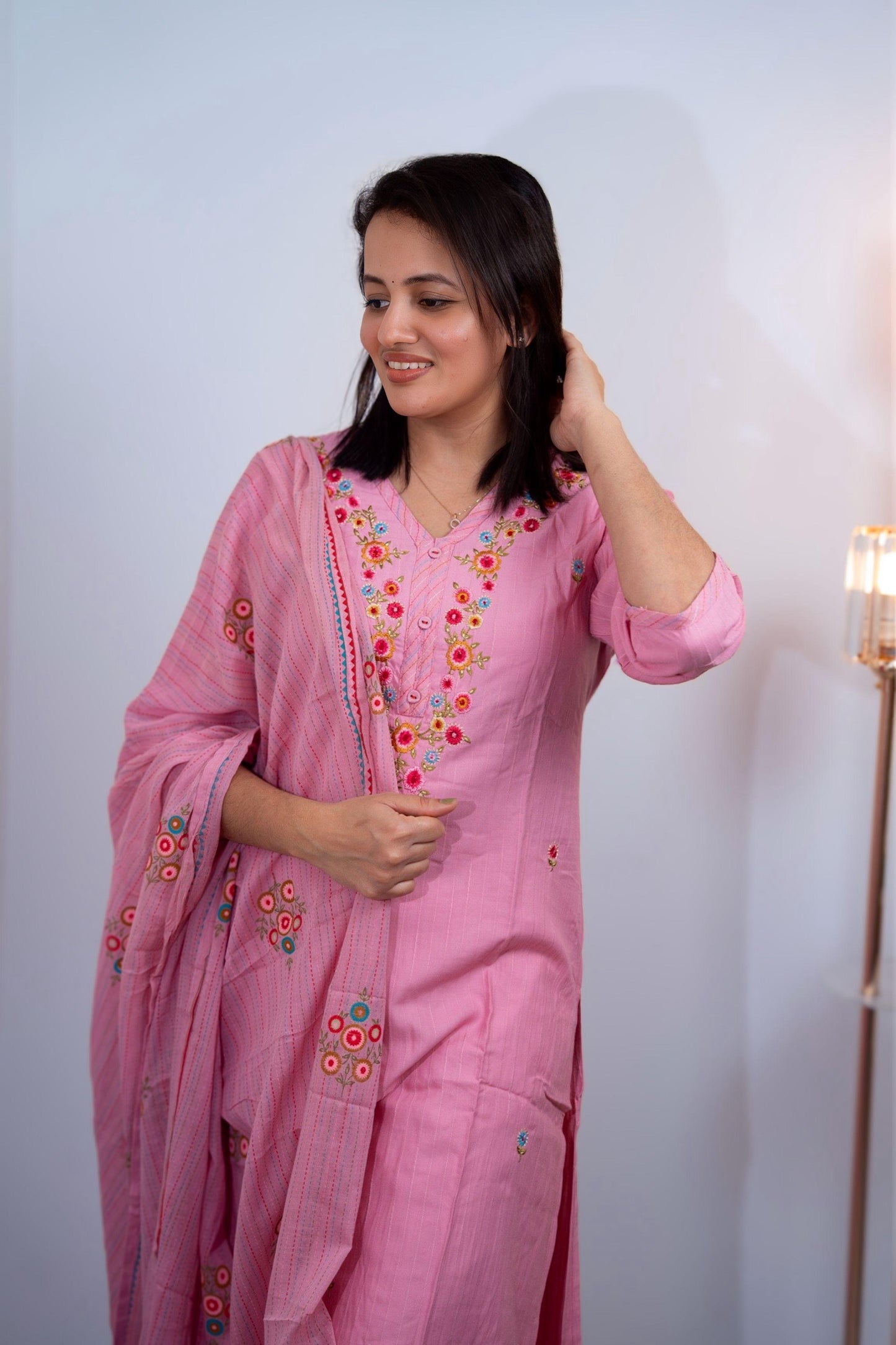 Pink Embroidered Cotton Kurta Set with Dupatta for Women(KSH-1020)