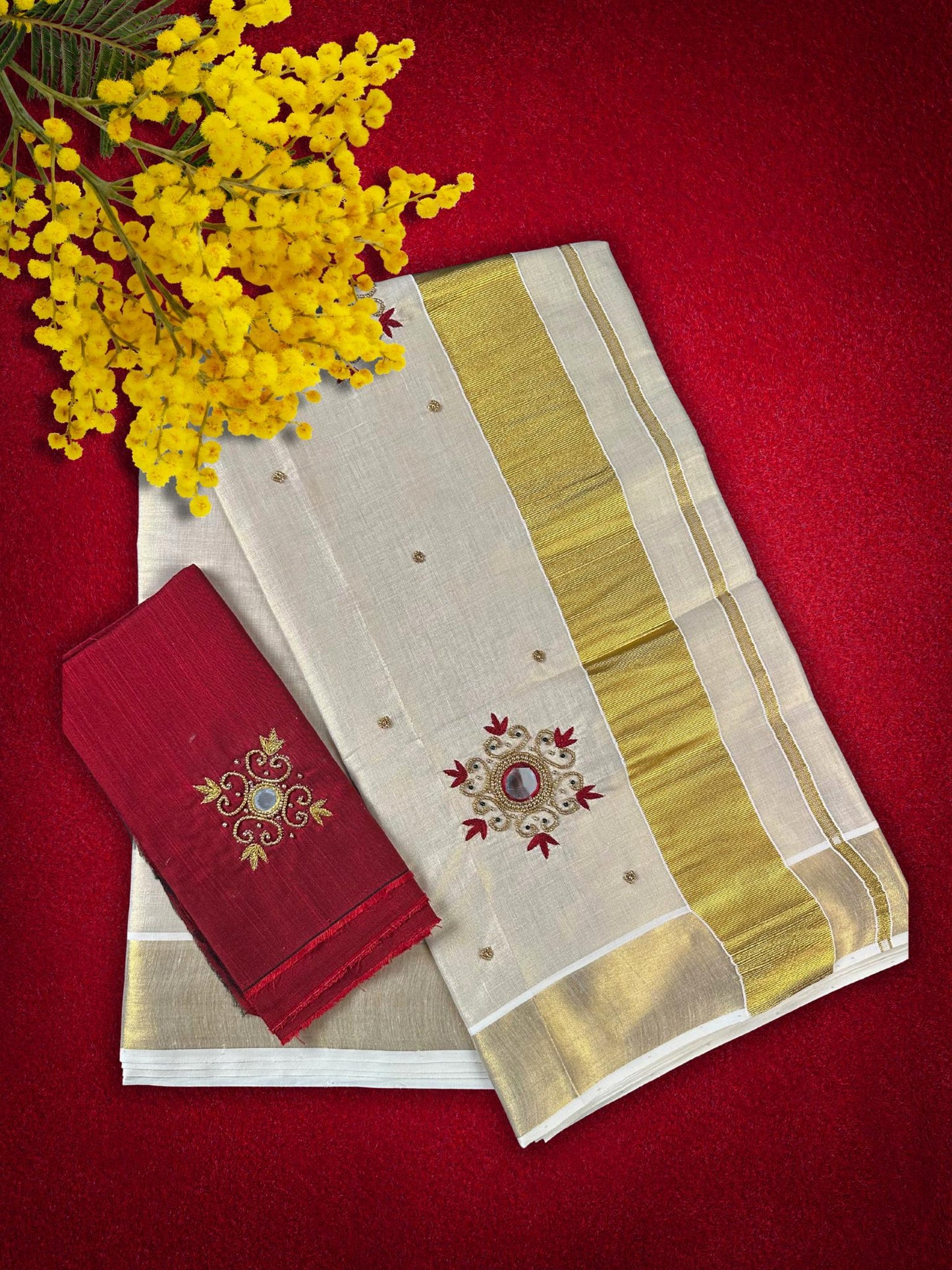 Kasavu saree with mirror work(SAR-226)