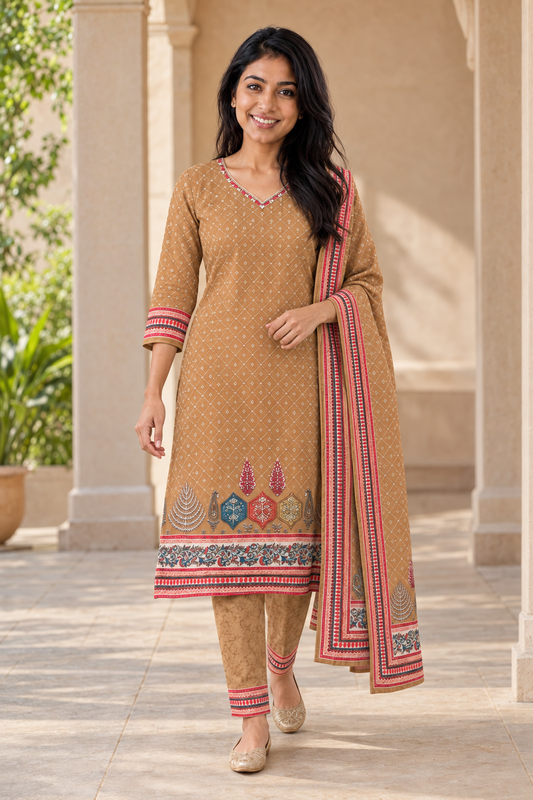 Tan Printed Salwar Suit Set with Dupatta (KER-1245)