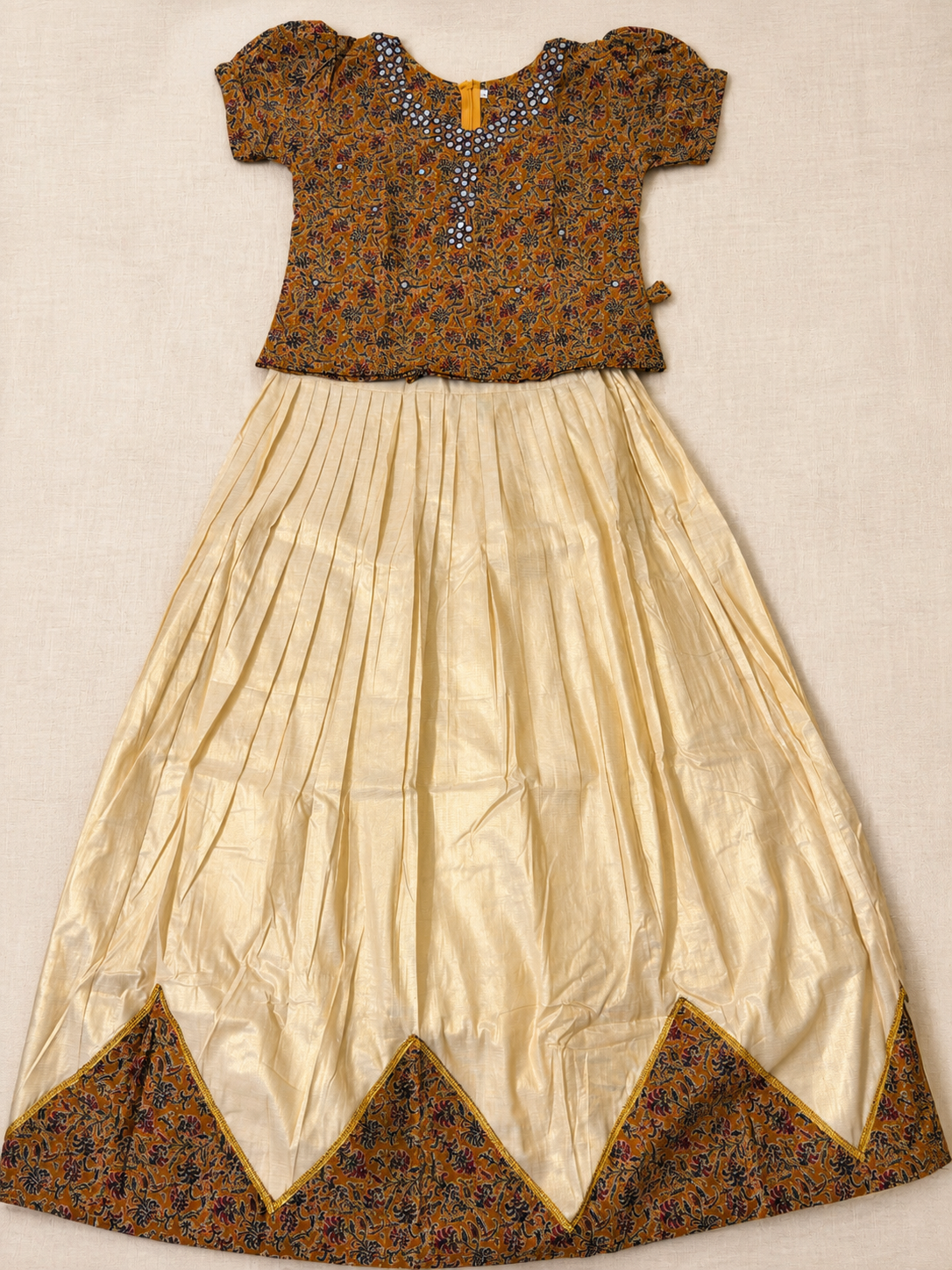Girls Mustard Kalamkari & Ivory Tissue Pavada Set(KER-151)
