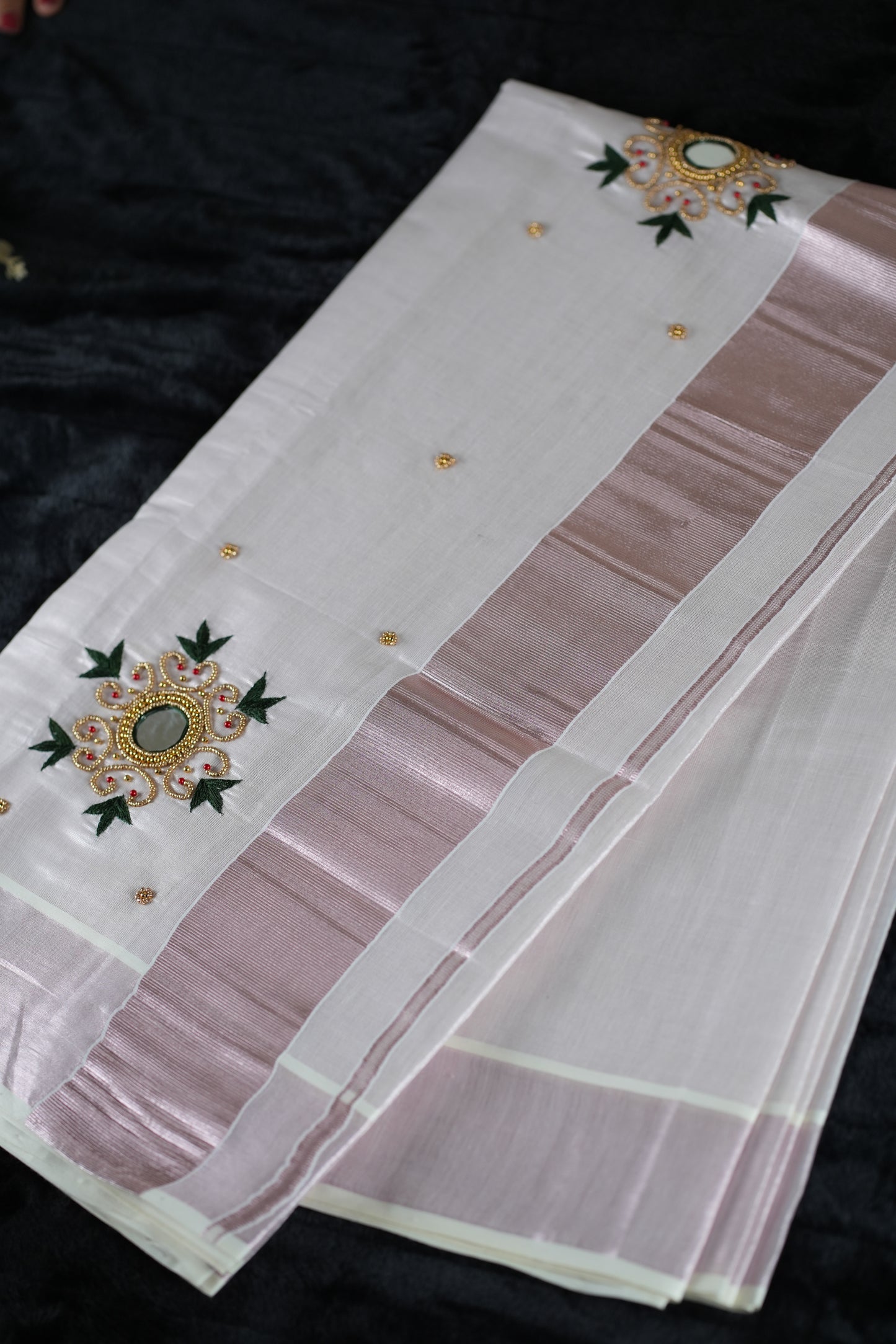 Rose gold Kasavu saree with mirror and beads - (SAR132)