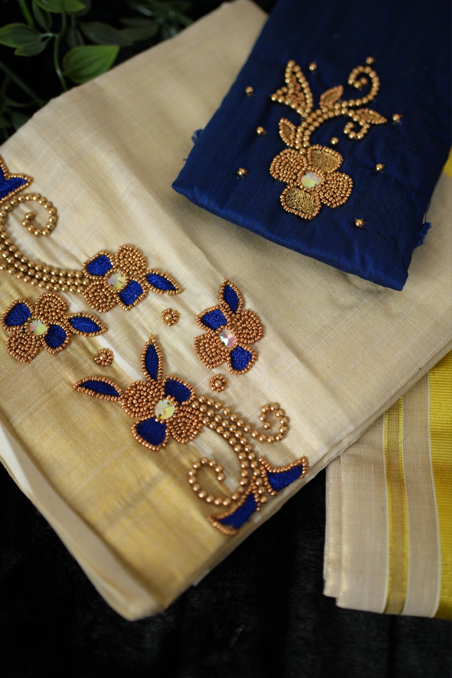 Set mundu with mirror and bead in floral design(SM-173)