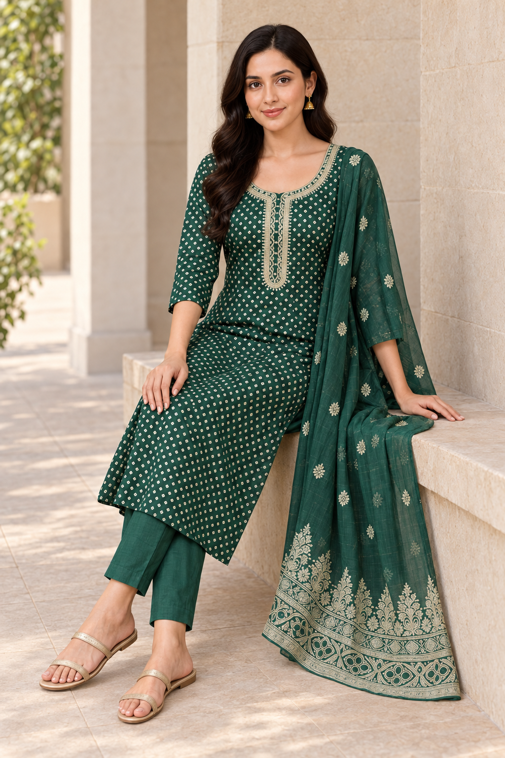 Bottle Green Printed Salwar Suit Set with Dupatta (KSH-1242)