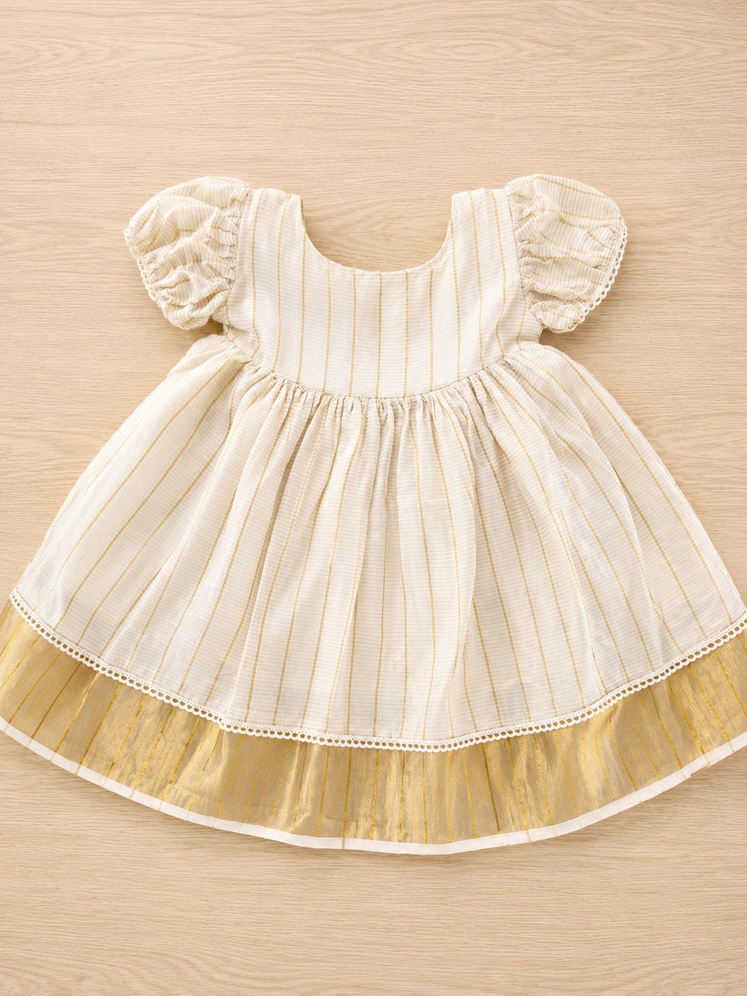 Girls Tissue Party Frock with checks| Cream & Gold Festive Dress (0–6 Years) (KCW136)