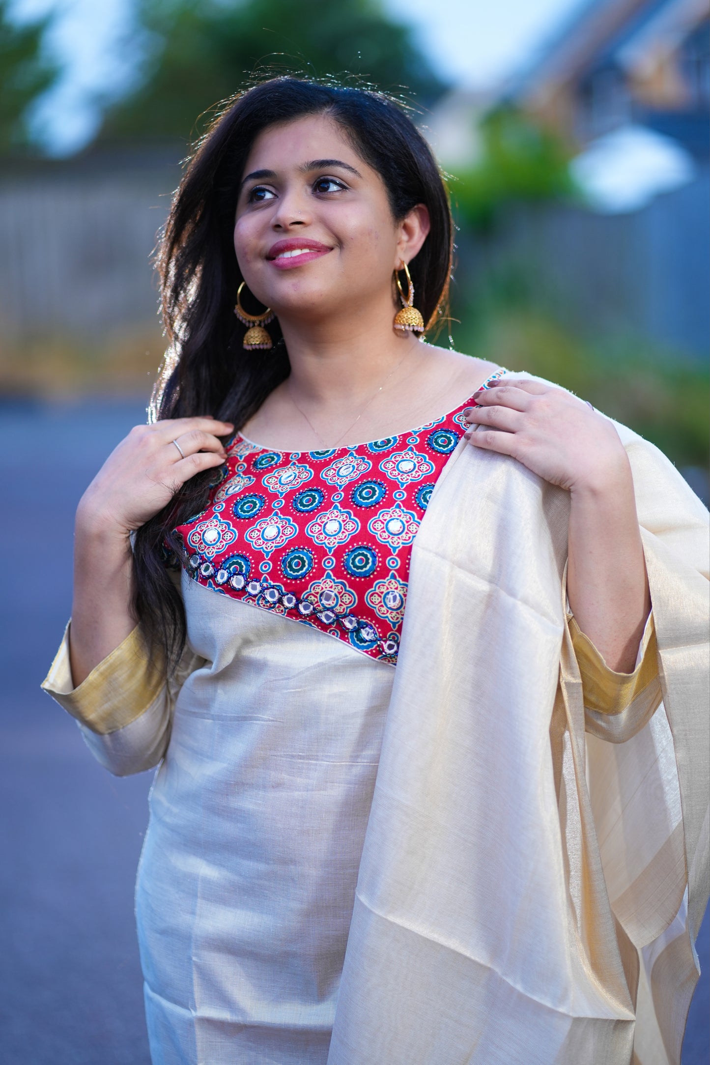 Kasavu Kurti set with mirror work( KER1016)