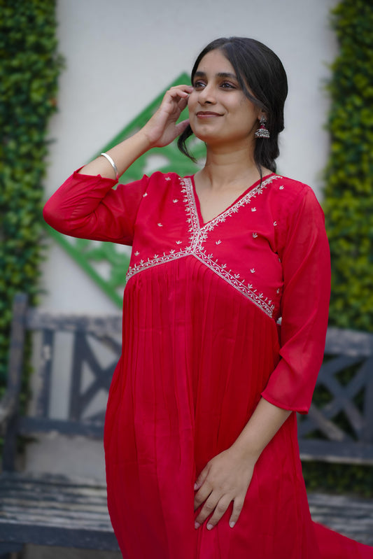 Georgette Kurti Top in Shade of Red(KER-1133)