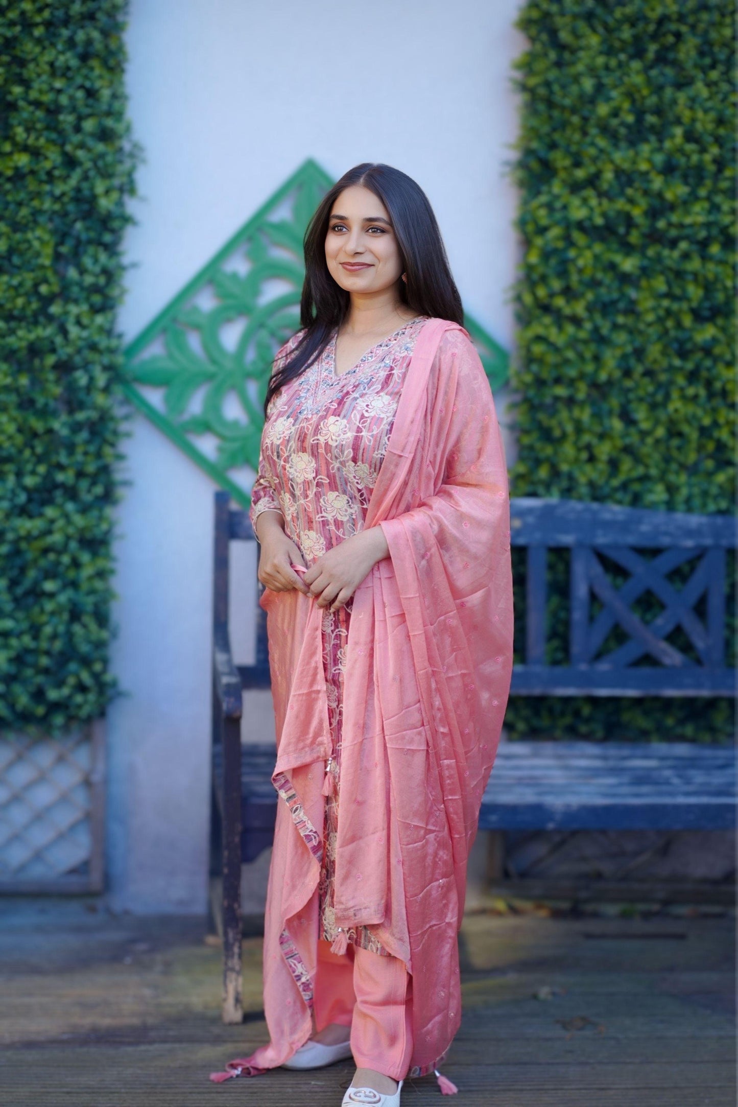 Roman Silk Kurti Set with Intricate Neckline Embroidery (KSH1019)