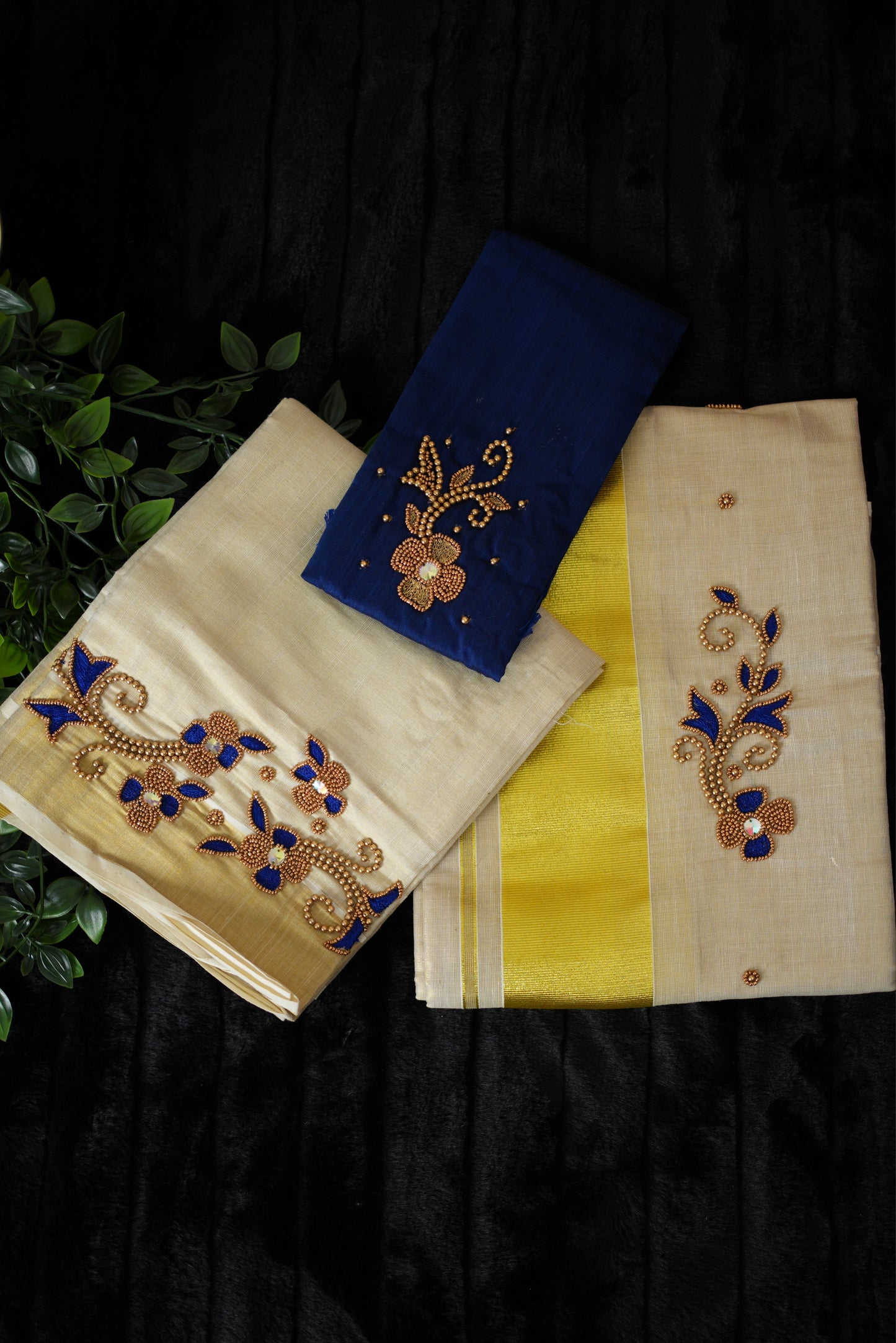 Set mundu with mirror and bead in floral design(SM-173)