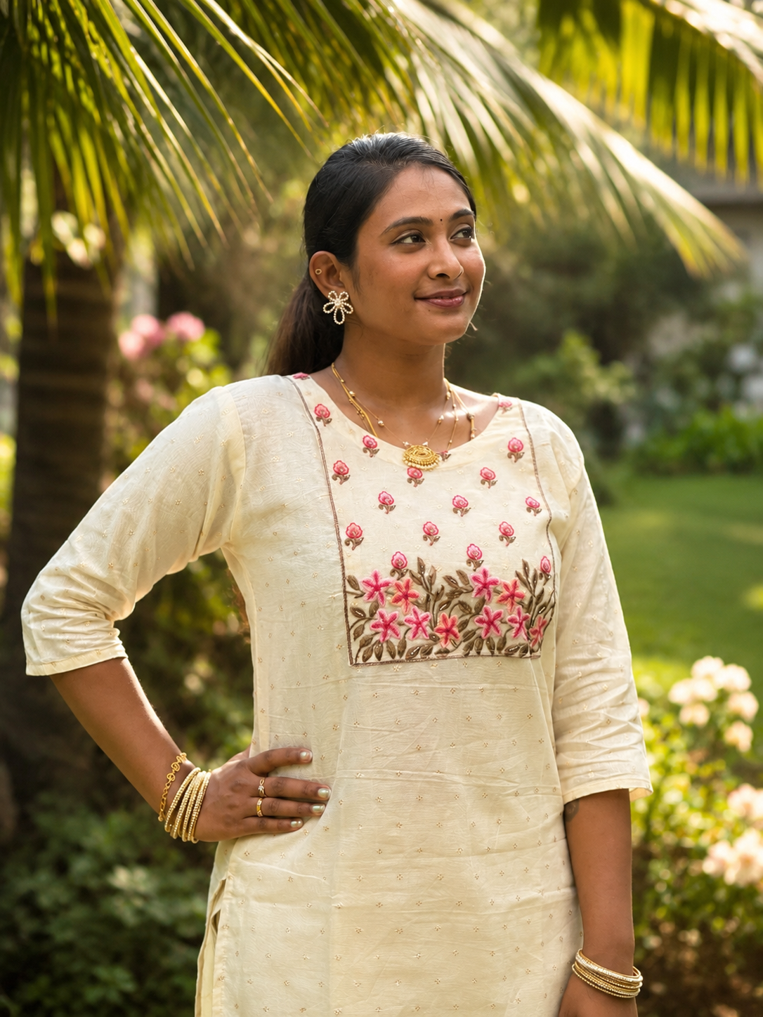 Premium Tissue Embroidered Kurta | Cream Floral Ethnic Kurti (KER-1188)