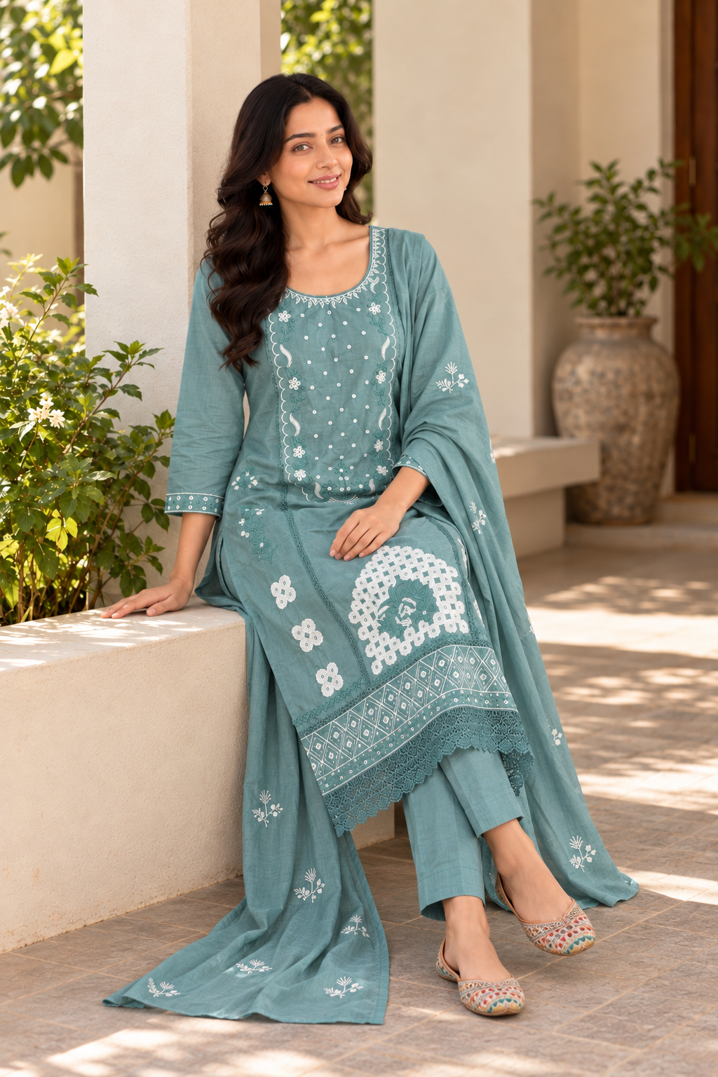 Sage Green Embroidered Salwar Suit Set with Dupatta (KER-1244)