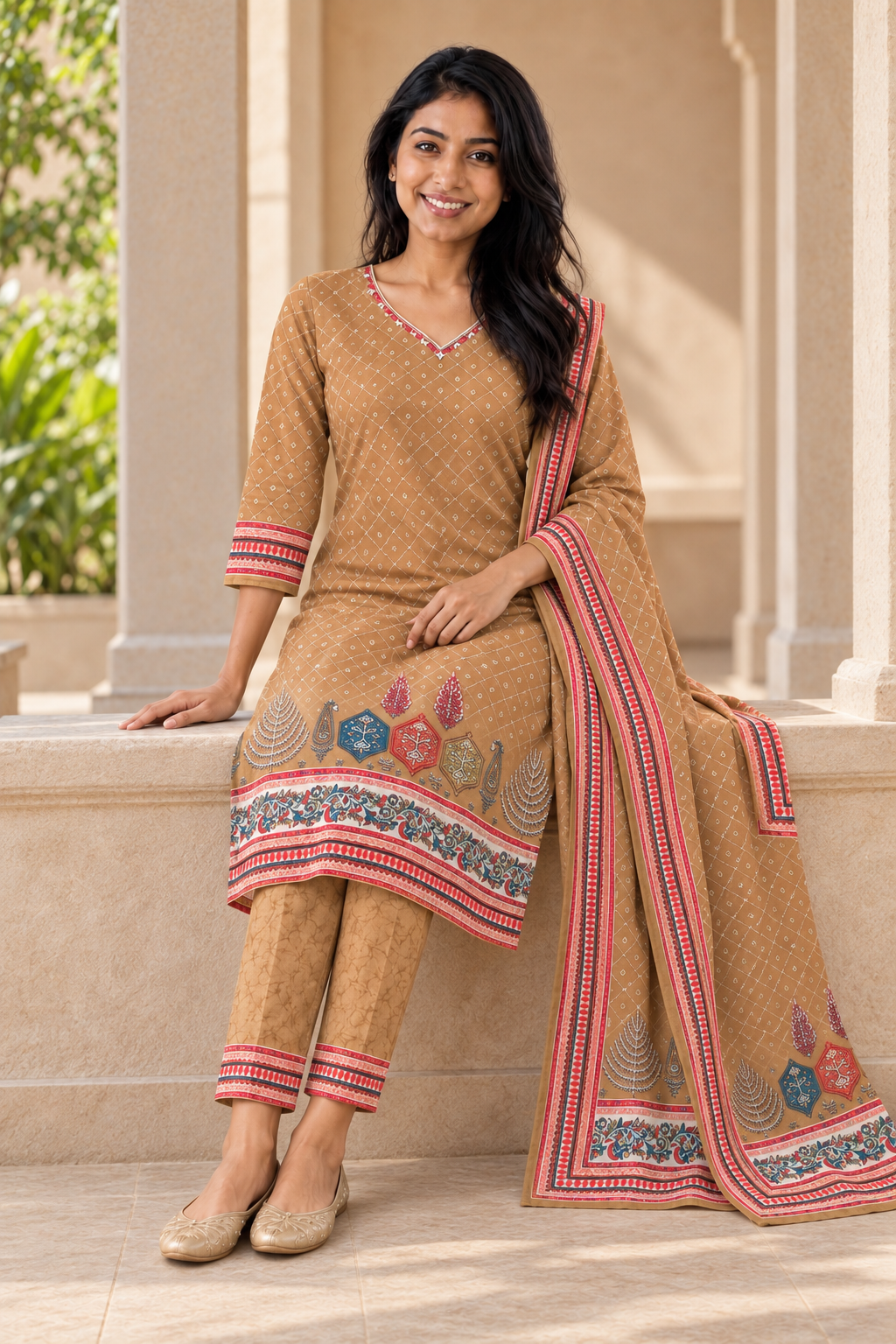 Tan Printed Salwar Suit Set with Dupatta (KER-1245)