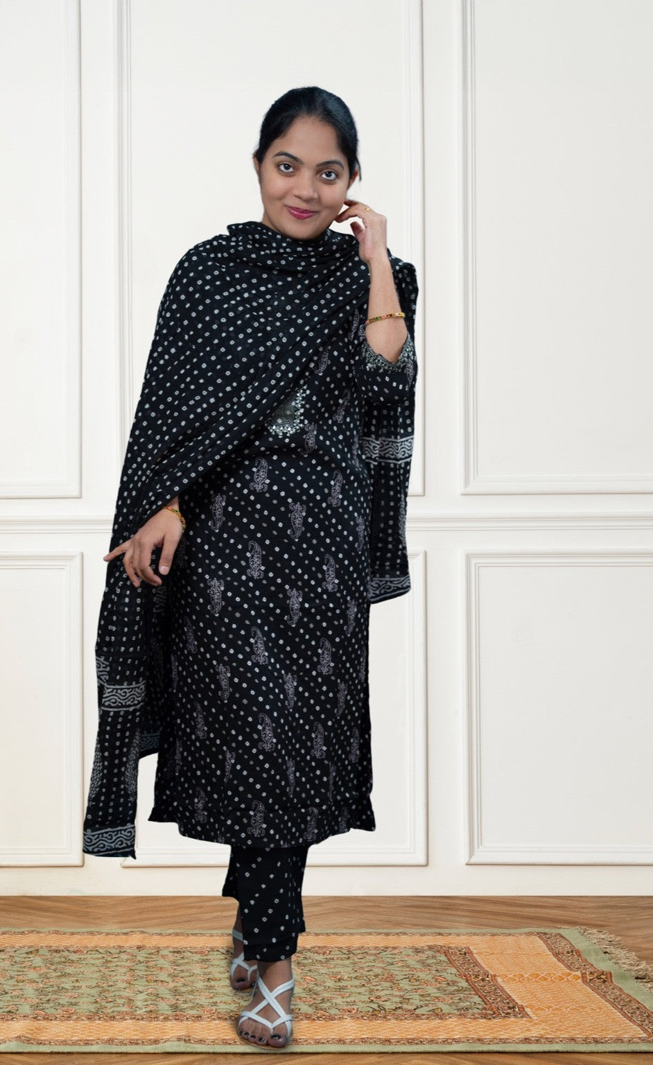 Black Handblock-Style Printed Cotton Kurta Set with Dupatta(KER-1203)