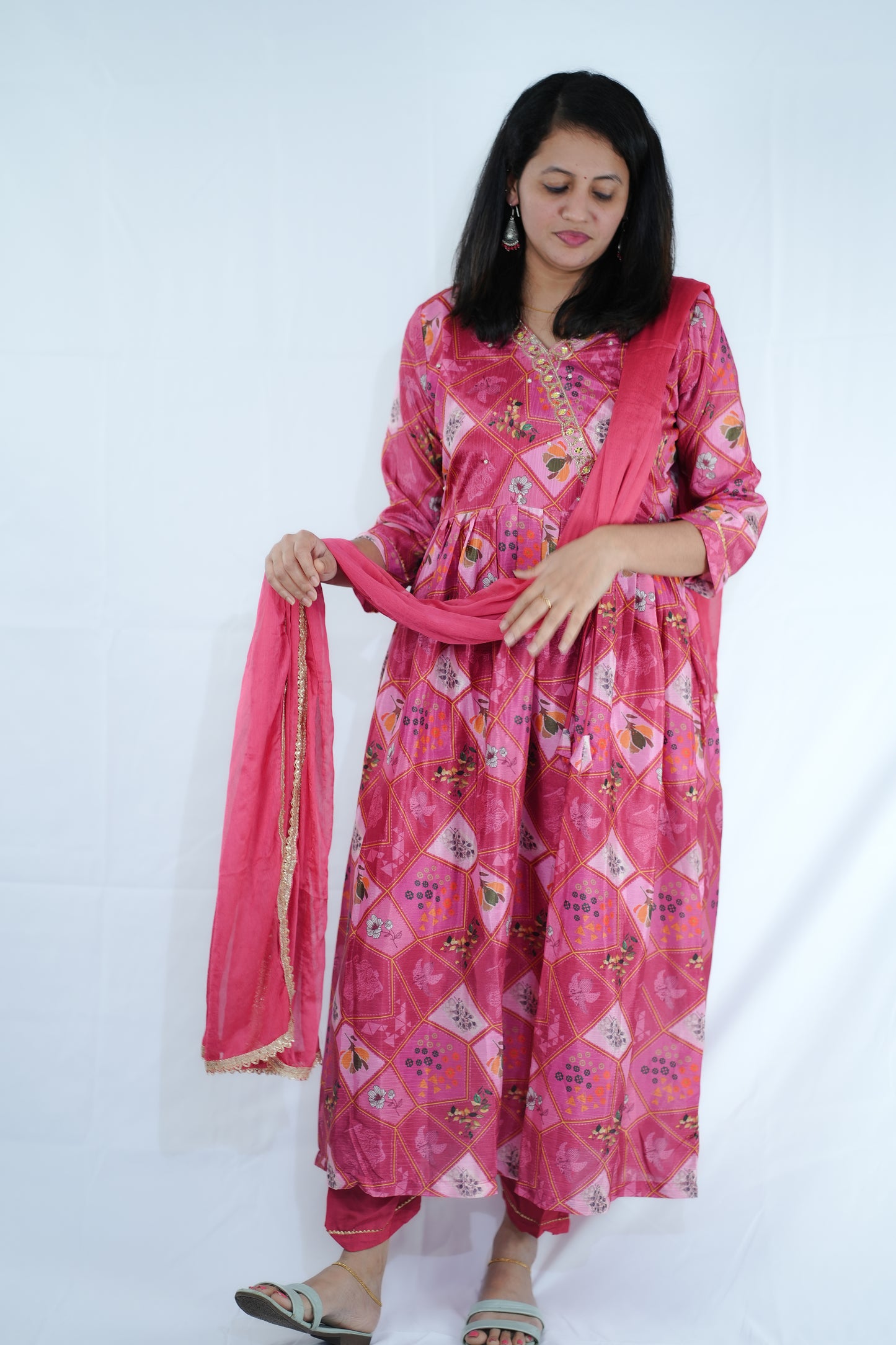 Chinon Silk with Anarkali Pattern Kurti Set - (Ksh640)