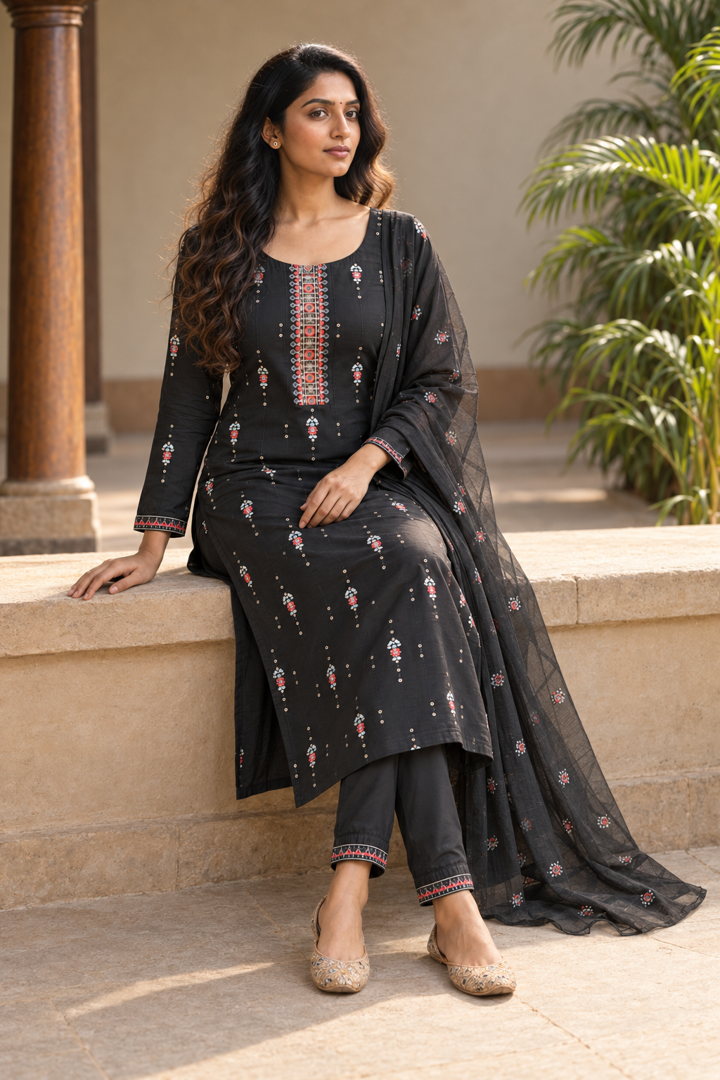 Black Embroidered Salwar Suit with Dupatta(KSH-1243)