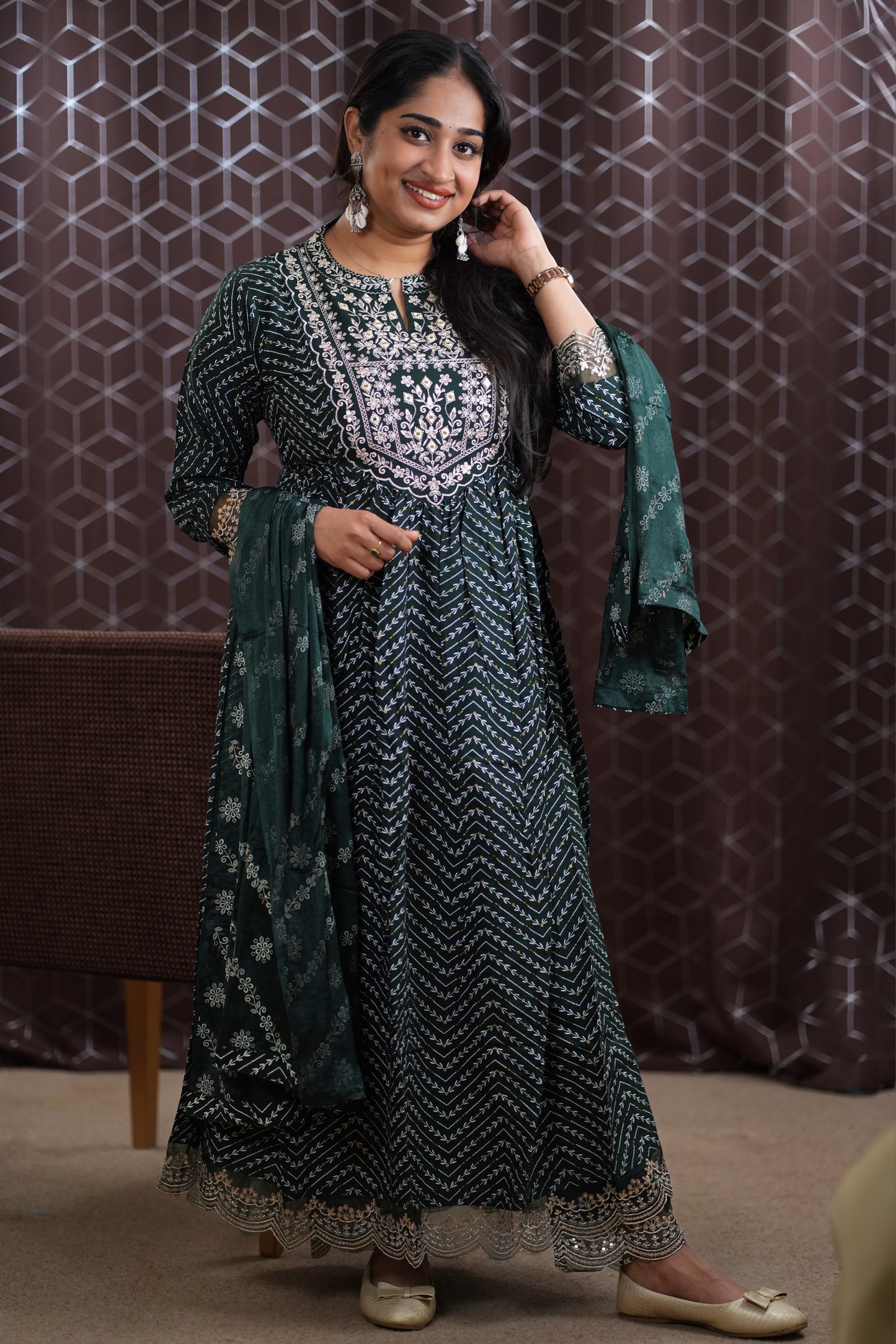 Anarkali Kurti in bottle green shade (KSH-1013)