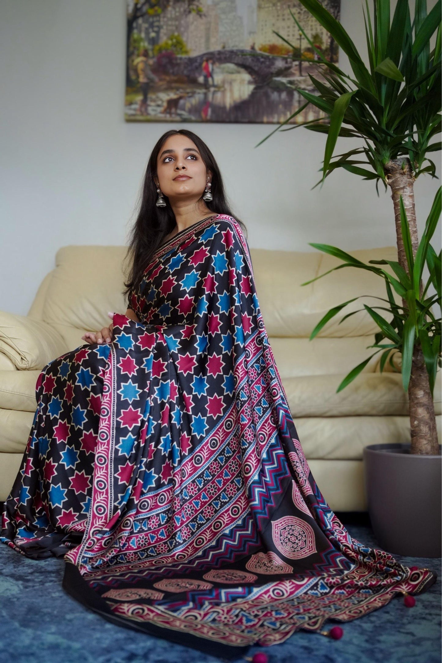 Elegant Modal Silk Saree with Geometric Print & Ethnic Border(SAR-1142)