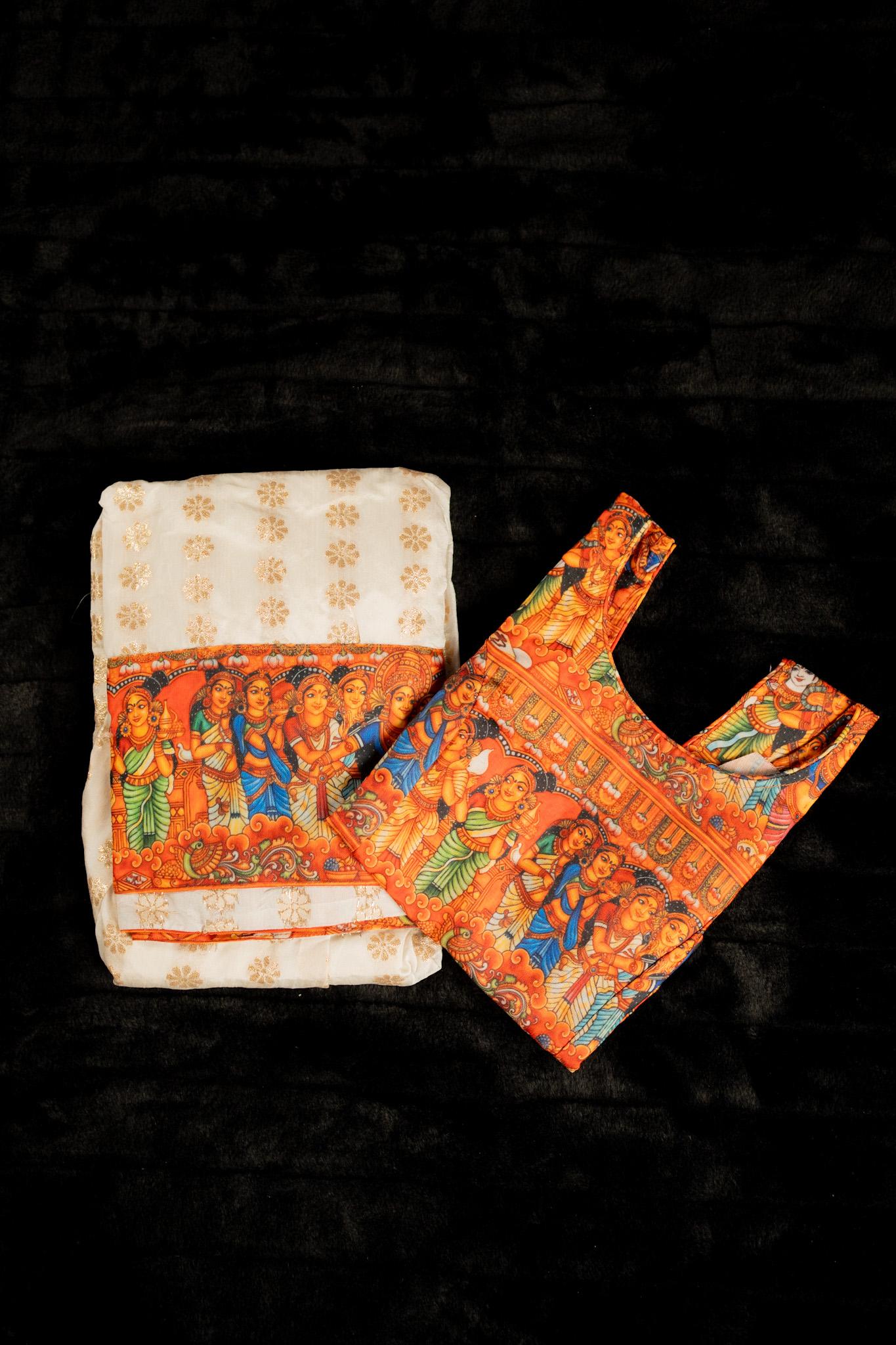 Kids Onam Dress – Traditional Kerala Skirt & Blouse with Mural Print(KCW126)