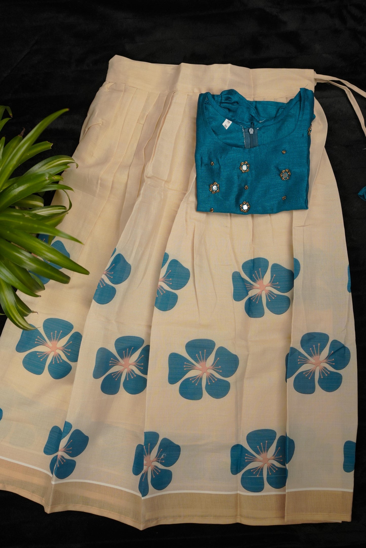 Girls Pavada Blouse set - Vichitra silk top & floral print skirt for festivals (KCW120)