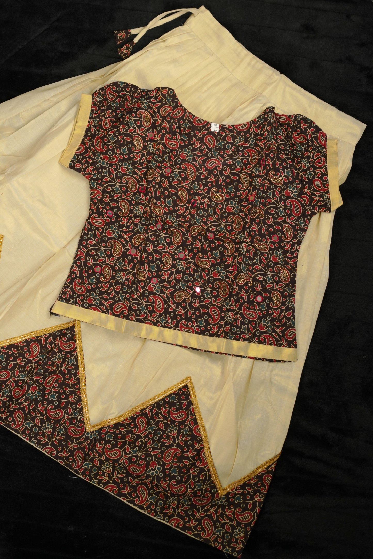 Girls ajrakh styled pavada with mirror work blouse (KCW121)