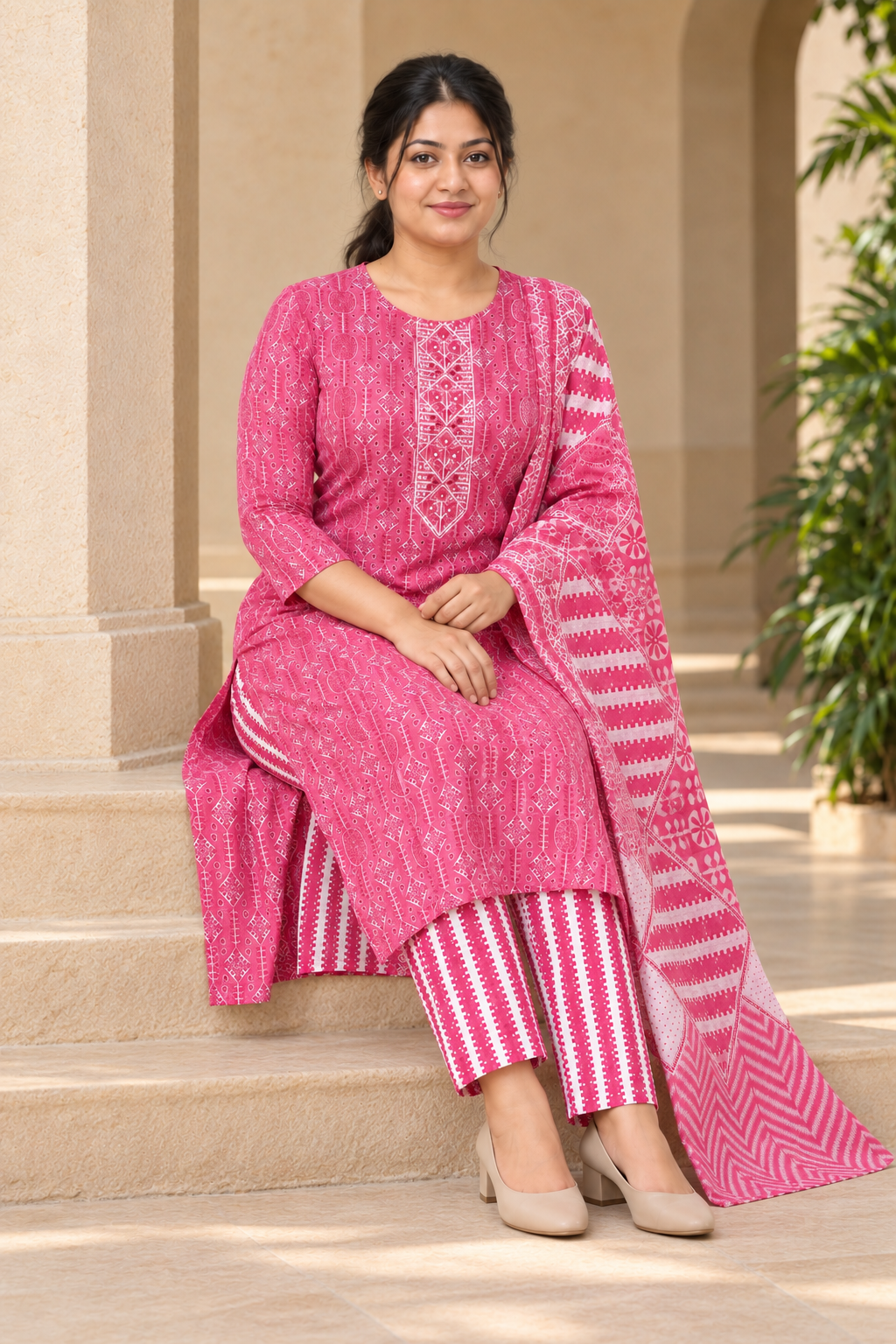 Pink Geometric Print Salwar Suit Set with Dupatta(KER-1247)