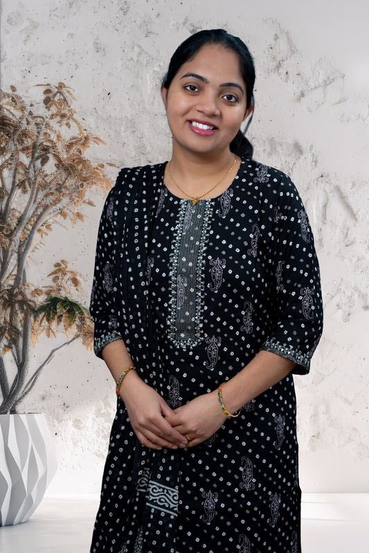 Black Handblock-Style Printed Cotton Kurta Set with Dupatta(KER-1203)