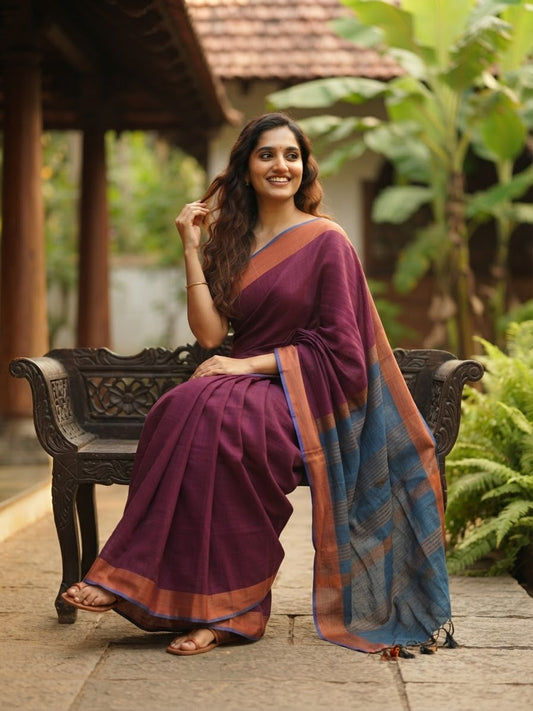 Magenta & Blue Mul Cotton Saree with Contrast Pallu(KER-1175)
