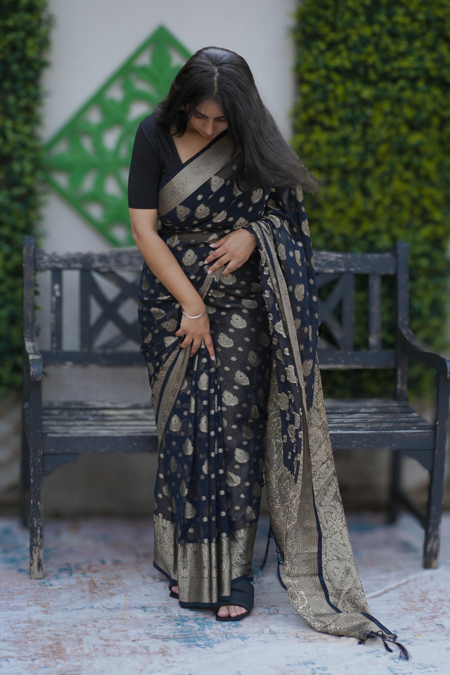 Elegant Black Georgette Saree with Antique Gold Zari Weaving (SAR-1143)
