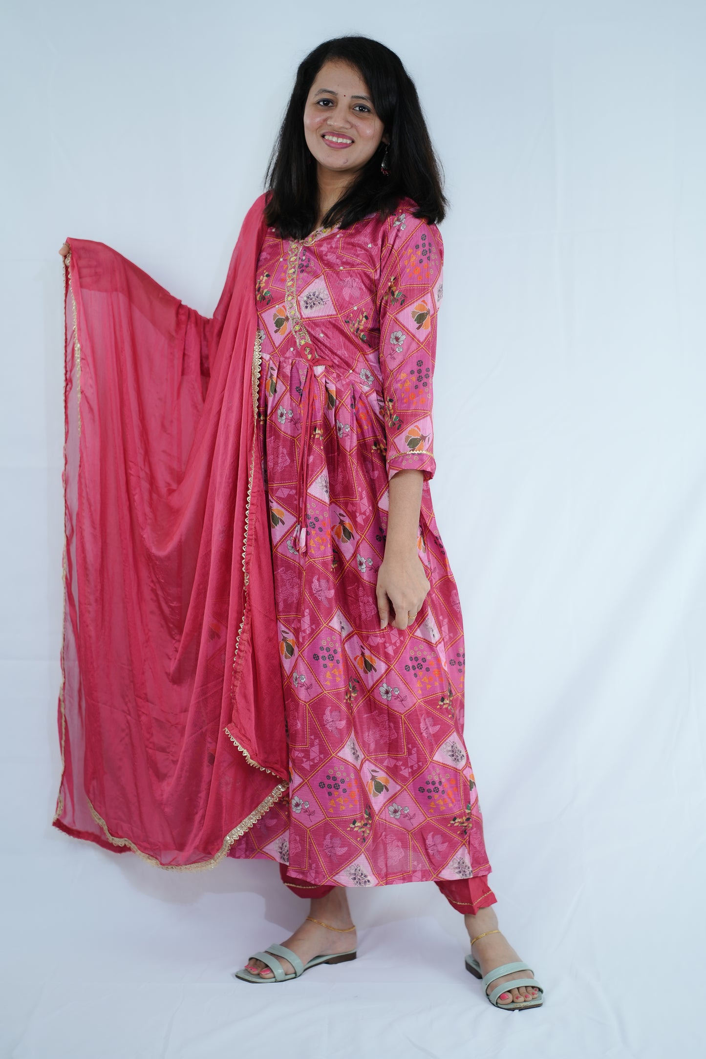 Chinon Silk with Anarkali Pattern Kurti Set - (Ksh640)