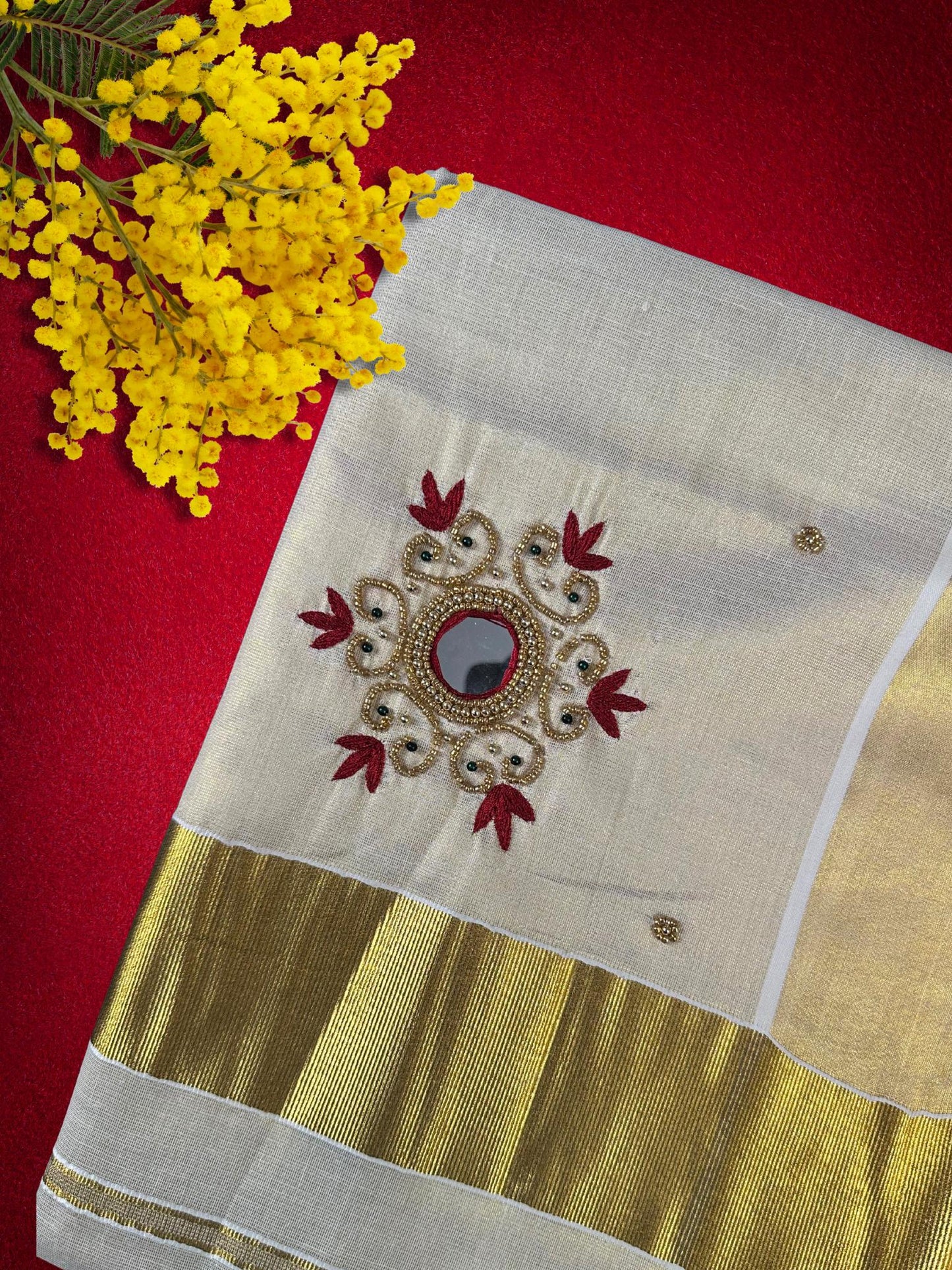 Kasavu saree with mirror work(SAR-226)
