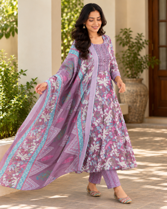 Mauve Floral Printed Cotton Kurta Set with Embellished Yoke(KER-1205)