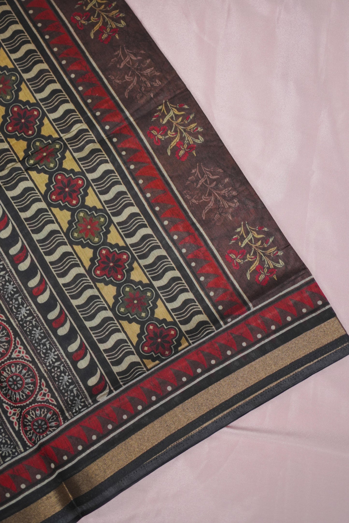 Handcrafted Floral Printed Brown Cotton Silk Saree (SAR-1126)