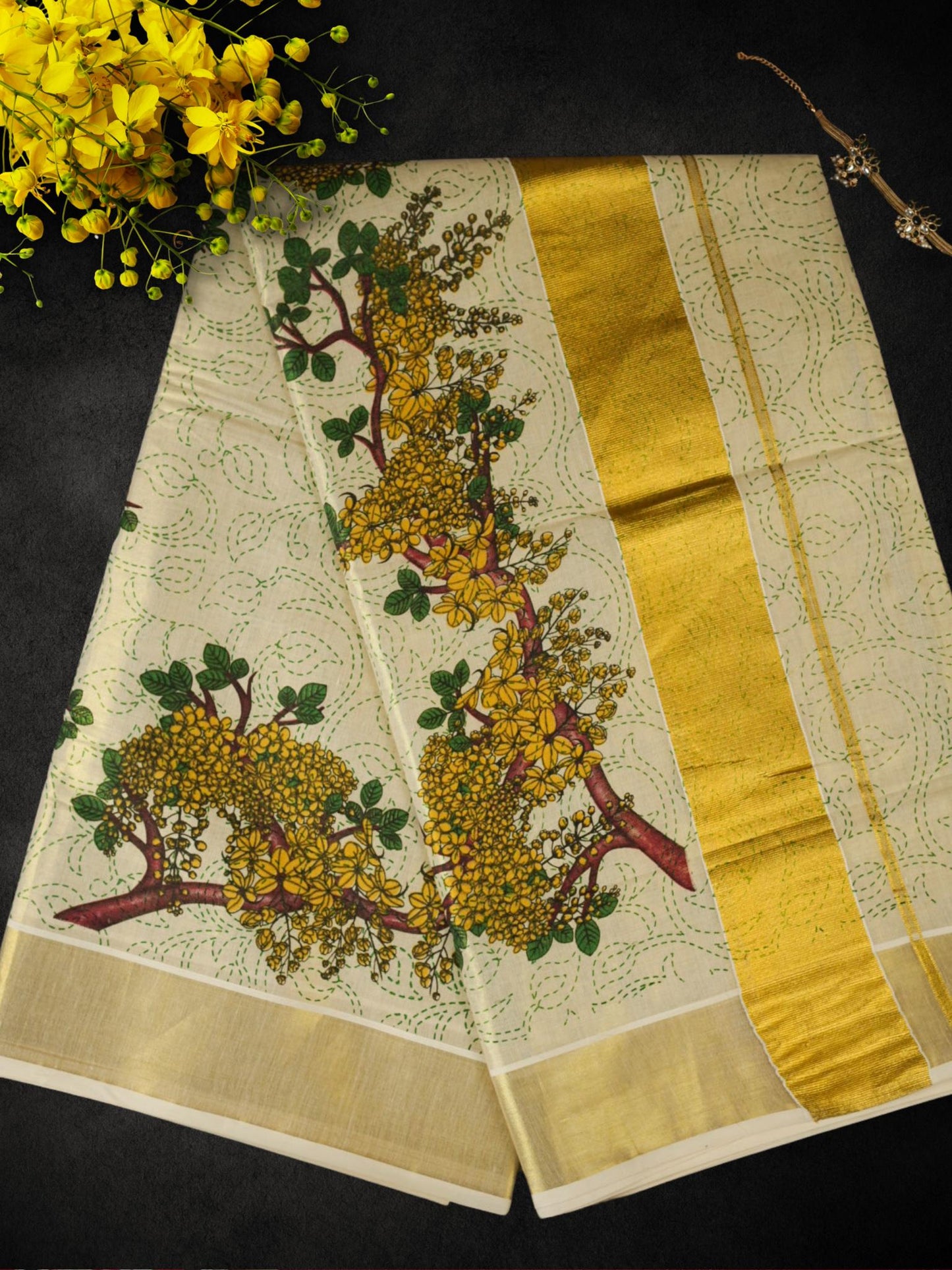 Soft tissue kasavu saree with konna flower(SAR-239)