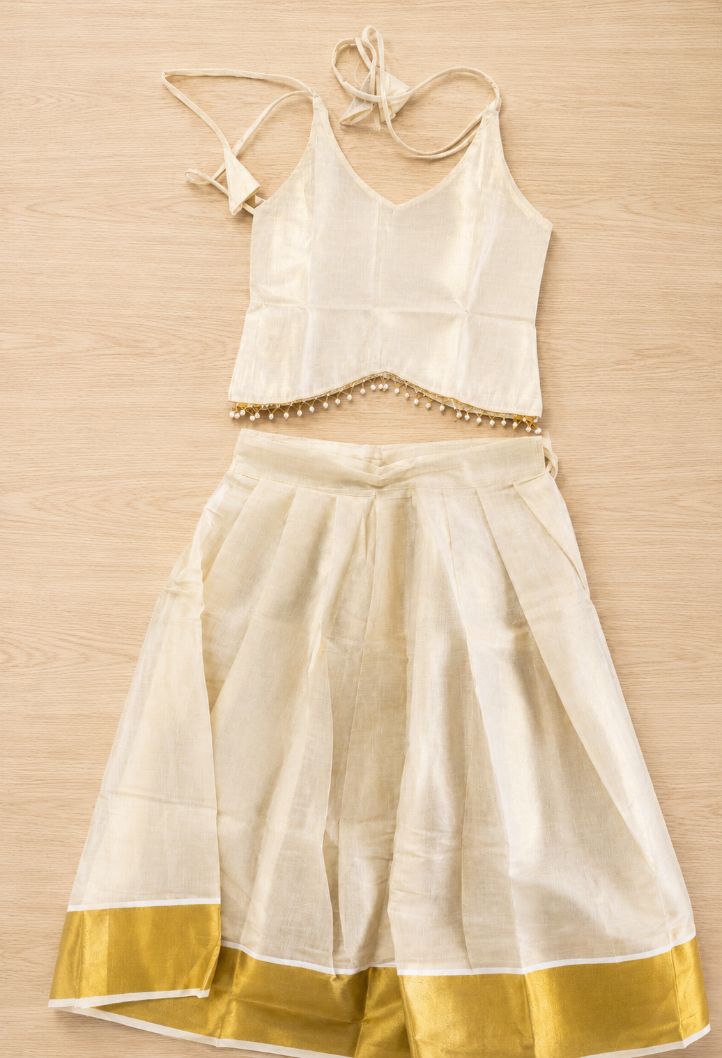 Girls Tissue crop top & Skirt – Gold & Cream Colour (KCW137)